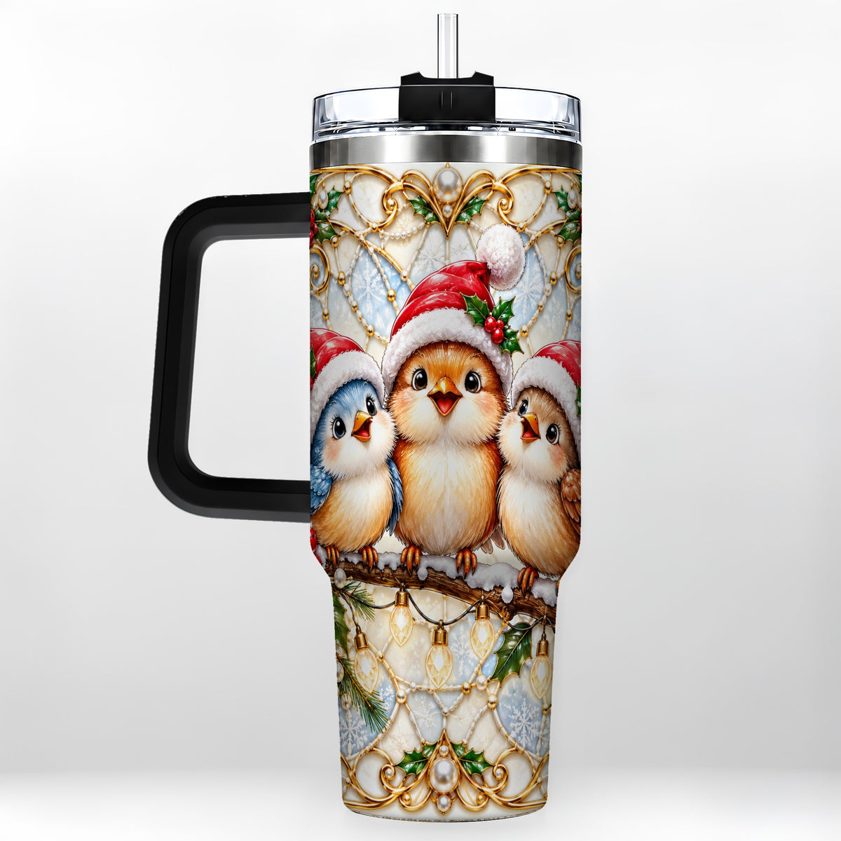#pl[40oz|Black] Christmas Songbirds 40oz Tumbler with Handle, Santa Bird Travel Cup