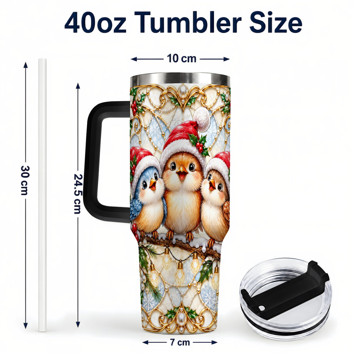 #pl[40oz|Black] Christmas Songbirds 40oz Tumbler with Handle, Santa Bird Travel Cup