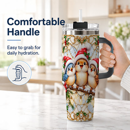#pl[40oz|Black] Christmas Songbirds 40oz Tumbler with Handle, Santa Bird Travel Cup