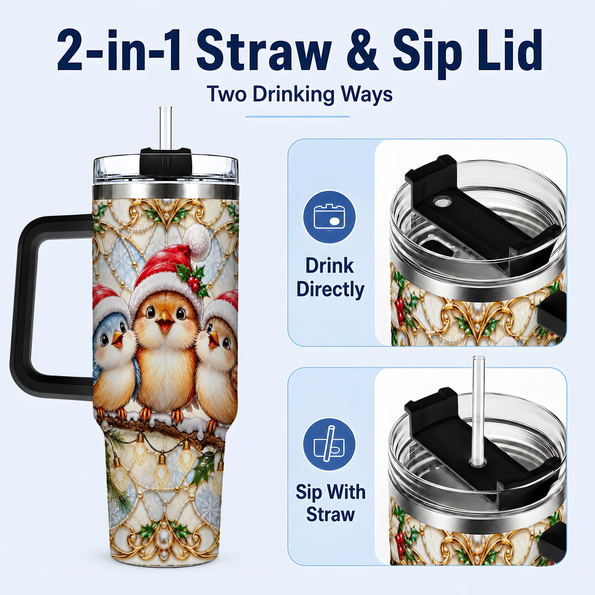 #pl[40oz|Black] Christmas Songbirds 40oz Tumbler with Handle, Santa Bird Travel Cup