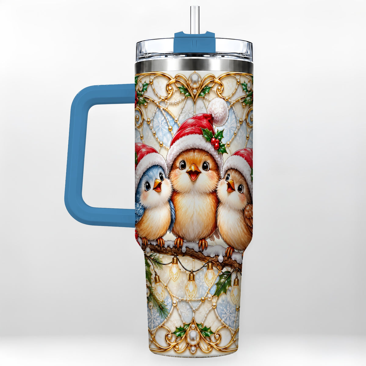 #pl[40oz|Blue] Christmas Songbirds 40oz Tumbler with Handle, Santa Bird Travel Cup