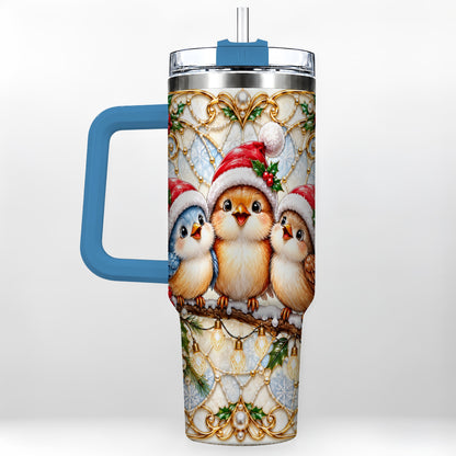 #pl[40oz|Blue] Christmas Songbirds 40oz Tumbler with Handle, Santa Bird Travel Cup