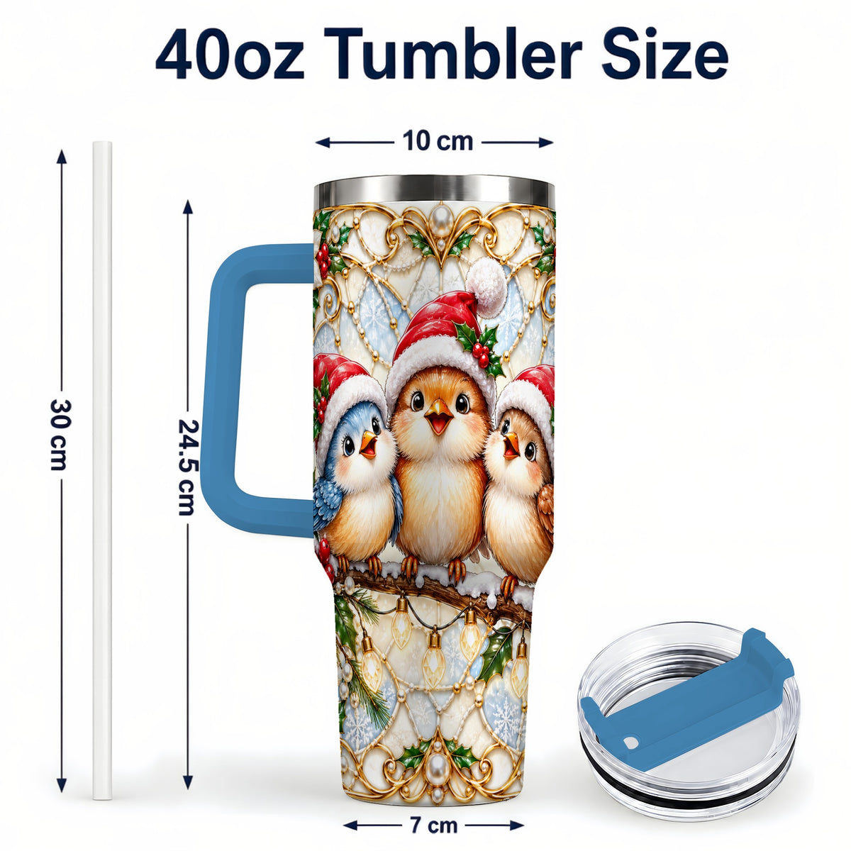 #pl[40oz|Blue] Christmas Songbirds 40oz Tumbler with Handle, Santa Bird Travel Cup