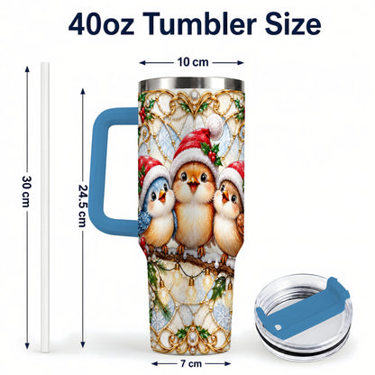 #pl[40oz|Blue] Christmas Songbirds 40oz Tumbler with Handle, Santa Bird Travel Cup