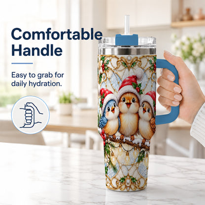 #pl[40oz|Blue] Christmas Songbirds 40oz Tumbler with Handle, Santa Bird Travel Cup