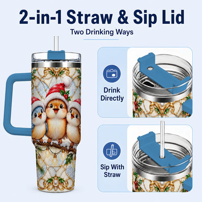 #pl[40oz|Blue] Christmas Songbirds 40oz Tumbler with Handle, Santa Bird Travel Cup
