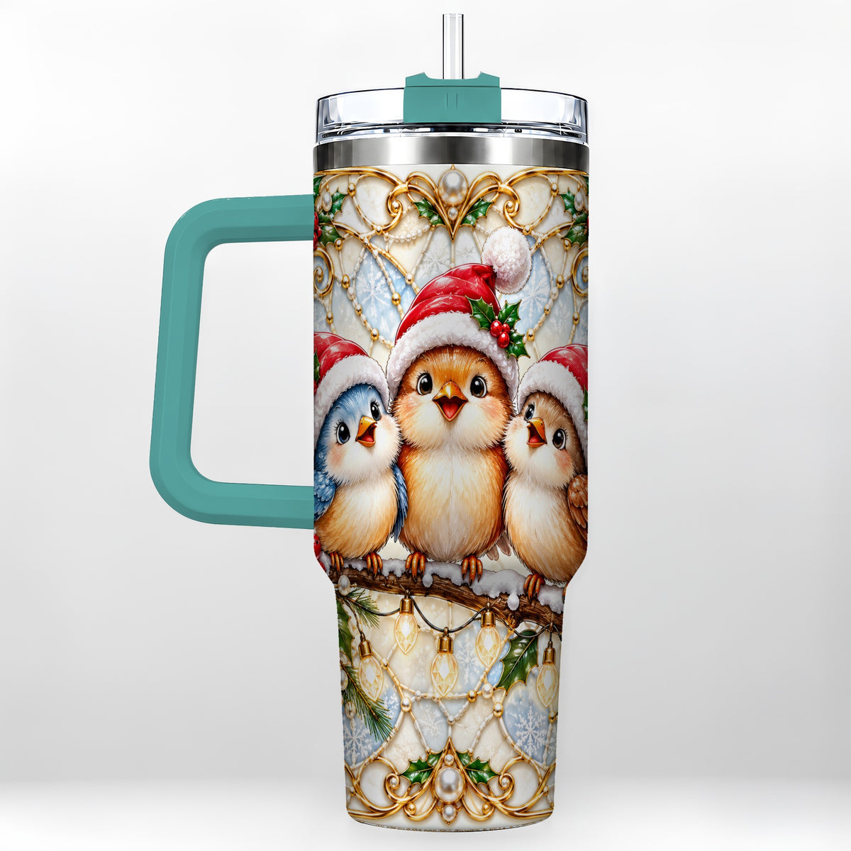 #pl[40oz|Green] Christmas Songbirds 40oz Tumbler with Handle, Santa Bird Travel Cup