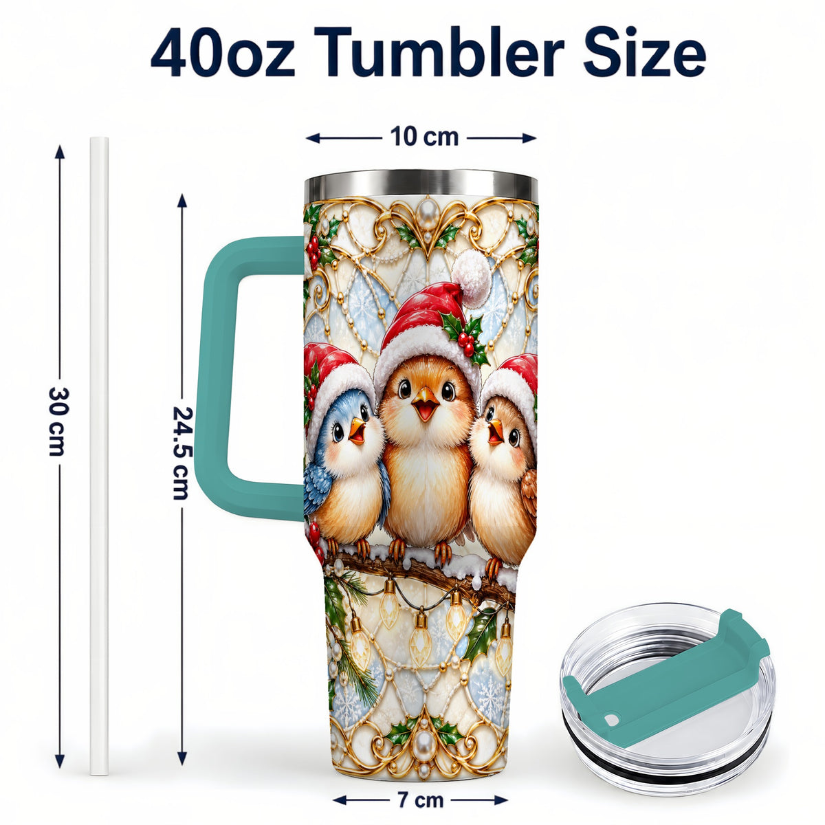 #pl[40oz|Green] Christmas Songbirds 40oz Tumbler with Handle, Santa Bird Travel Cup