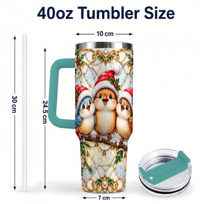 #pl[40oz|Green] Christmas Songbirds 40oz Tumbler with Handle, Santa Bird Travel Cup