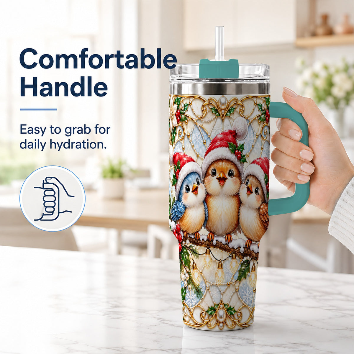 #pl[40oz|Green] Christmas Songbirds 40oz Tumbler with Handle, Santa Bird Travel Cup