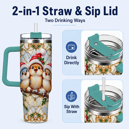 #pl[40oz|Green] Christmas Songbirds 40oz Tumbler with Handle, Santa Bird Travel Cup