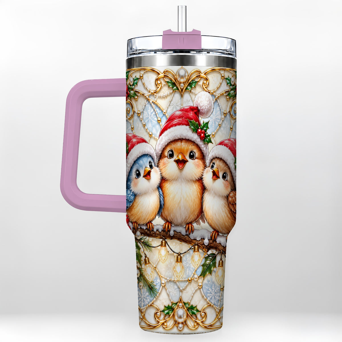 #pl[40oz|Pink] Christmas Songbirds 40oz Tumbler with Handle, Santa Bird Travel Cup