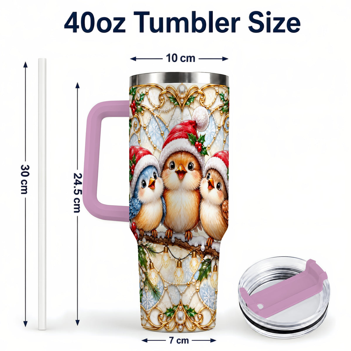 #pl[40oz|Pink] Christmas Songbirds 40oz Tumbler with Handle, Santa Bird Travel Cup