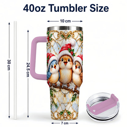 #pl[40oz|Pink] Christmas Songbirds 40oz Tumbler with Handle, Santa Bird Travel Cup