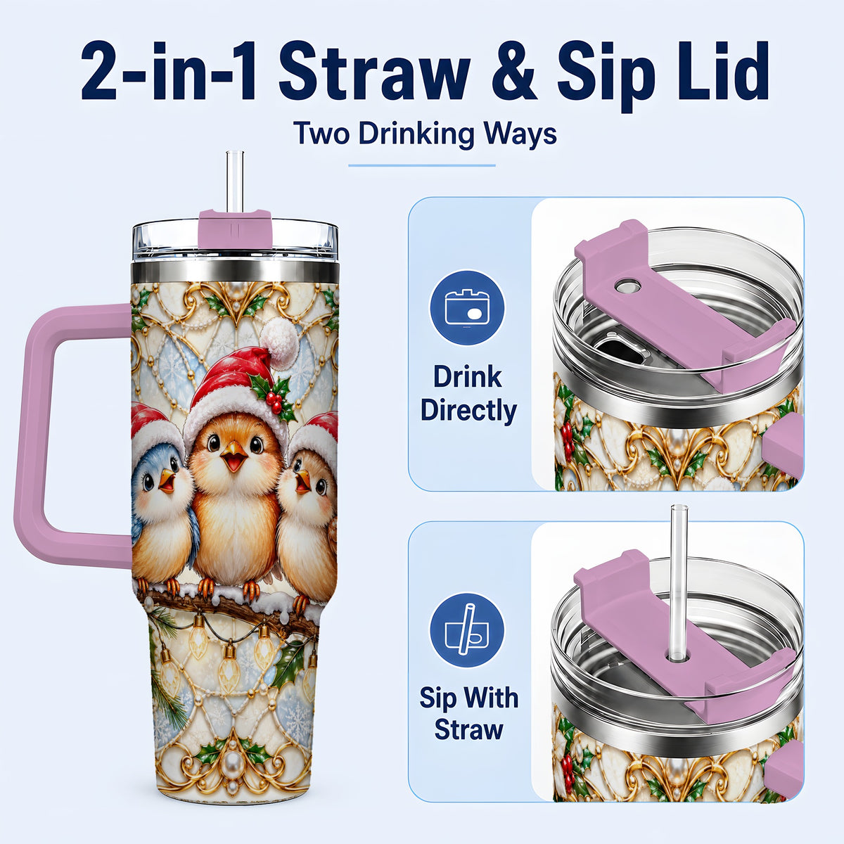 #pl[40oz|Pink] Christmas Songbirds 40oz Tumbler with Handle, Santa Bird Travel Cup