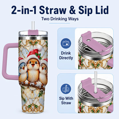 #pl[40oz|Pink] Christmas Songbirds 40oz Tumbler with Handle, Santa Bird Travel Cup