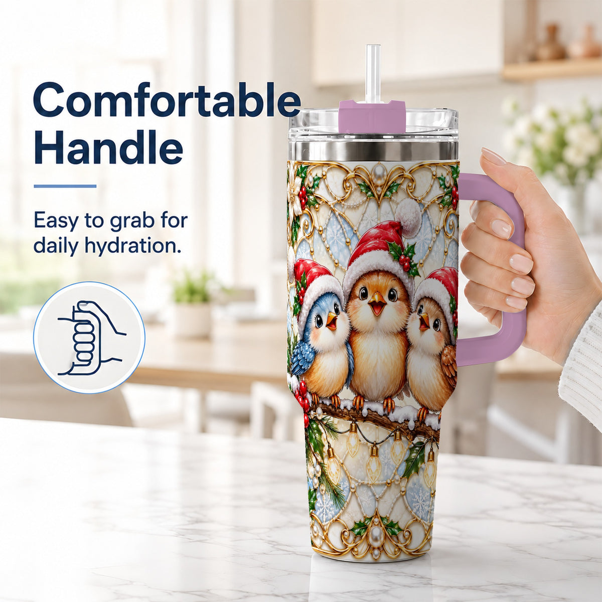 #pl[40oz|Pink] Christmas Songbirds 40oz Tumbler with Handle, Santa Bird Travel Cup