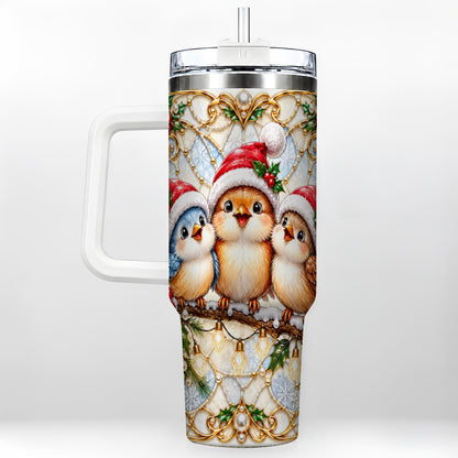 Christmas Songbirds 40oz Tumbler with Handle, Santa Bird Travel Cup