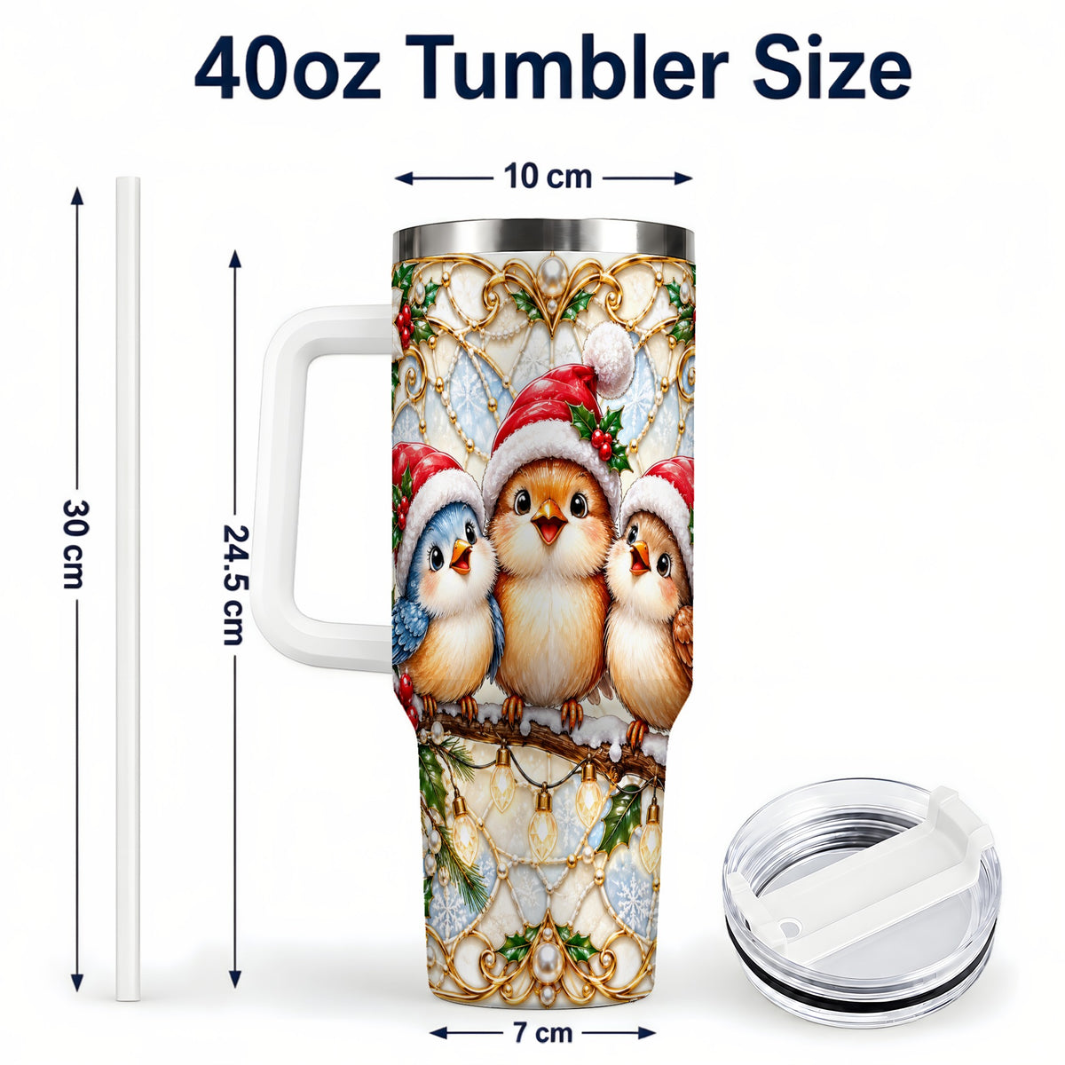 #pl[40oz|White] Christmas Songbirds 40oz Tumbler with Handle, Santa Bird Travel Cup