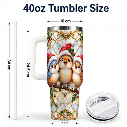 #pl[40oz|White] Christmas Songbirds 40oz Tumbler with Handle, Santa Bird Travel Cup