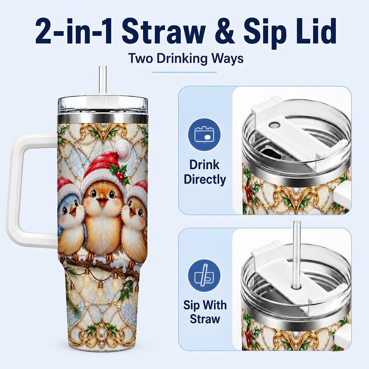 #pl[40oz|White] Christmas Songbirds 40oz Tumbler with Handle, Santa Bird Travel Cup