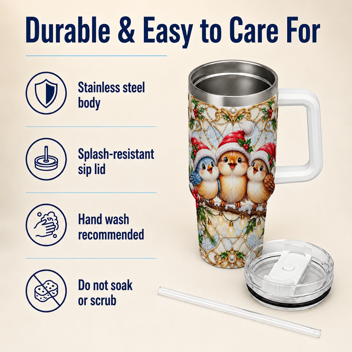 Christmas Songbirds 40oz Tumbler with Handle, Santa Bird Travel Cup