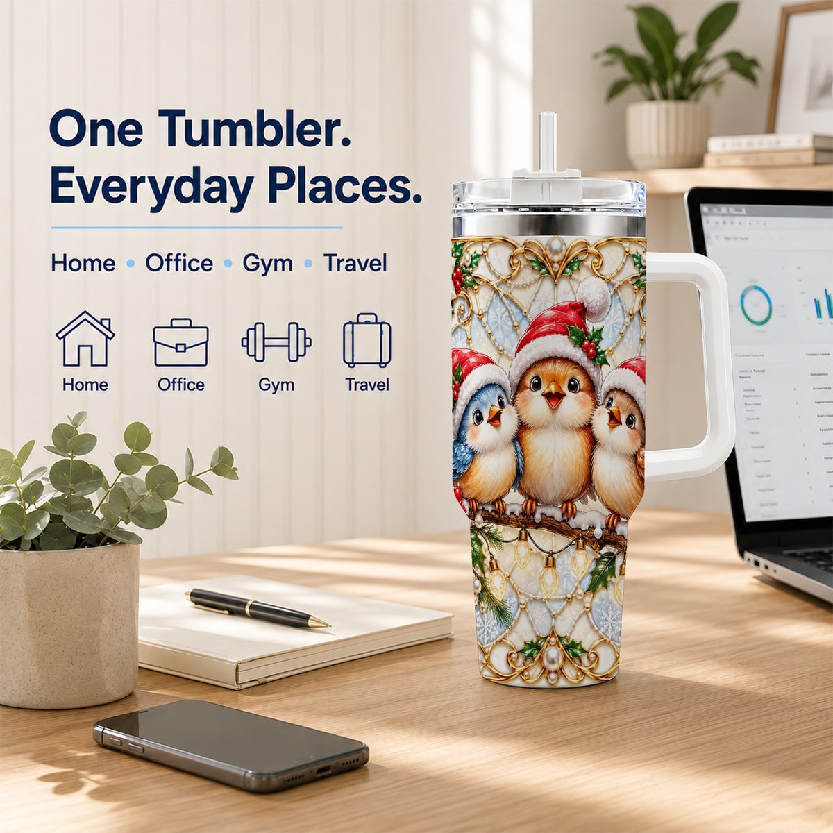 Christmas Songbirds 40oz Tumbler with Handle, Santa Bird Travel Cup