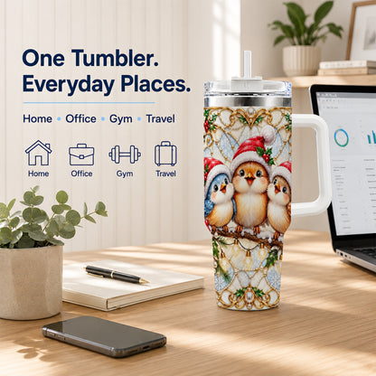 Christmas Songbirds 40oz Tumbler with Handle, Santa Bird Travel Cup