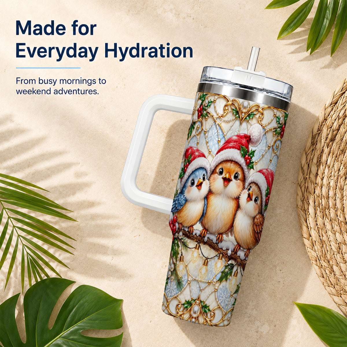 Christmas Songbirds 40oz Tumbler with Handle, Santa Bird Travel Cup