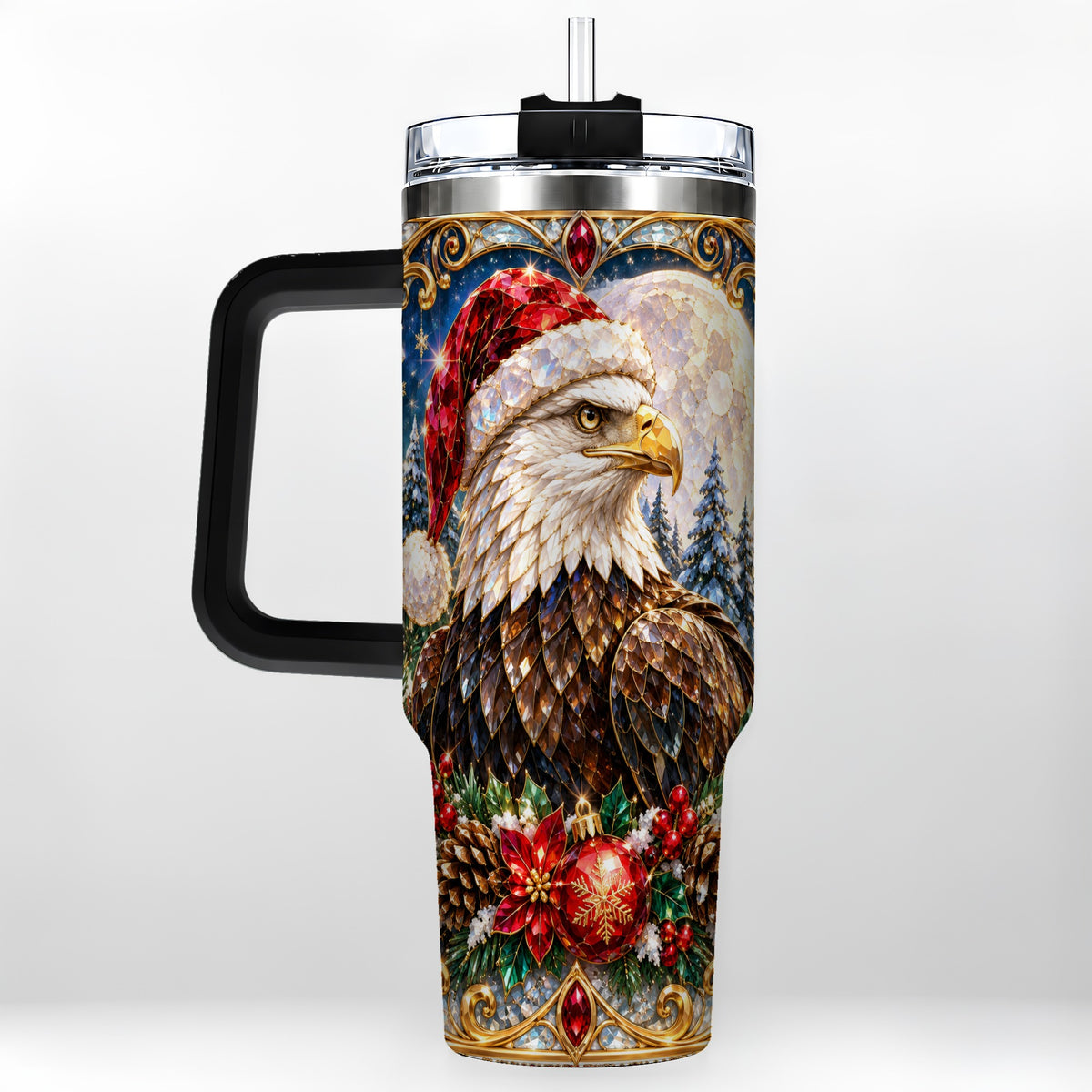 #pl[40oz|Black] Christmas Eagle 40oz Tumbler with Handle, Winter Stainless Steel Cup