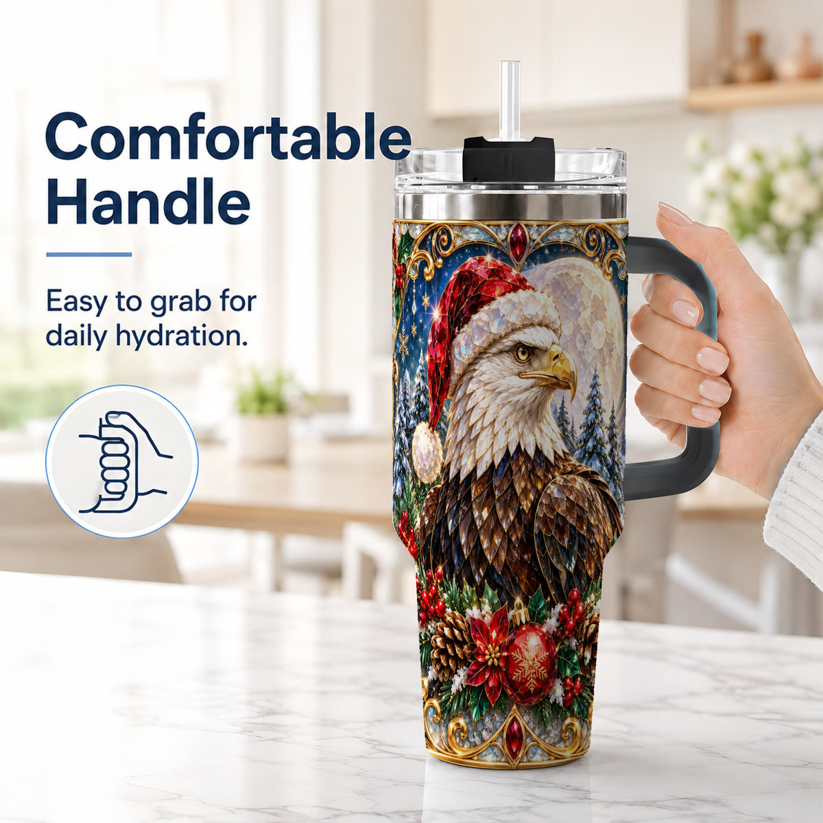 #pl[40oz|Black] Christmas Eagle 40oz Tumbler with Handle, Winter Stainless Steel Cup