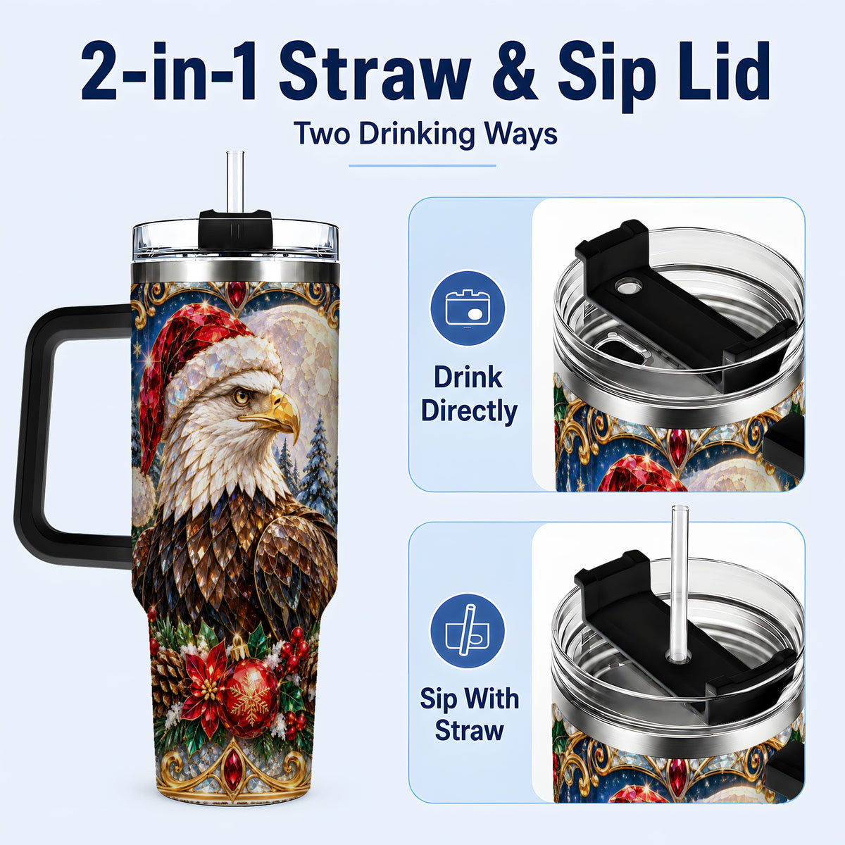 #pl[40oz|Black] Christmas Eagle 40oz Tumbler with Handle, Winter Stainless Steel Cup