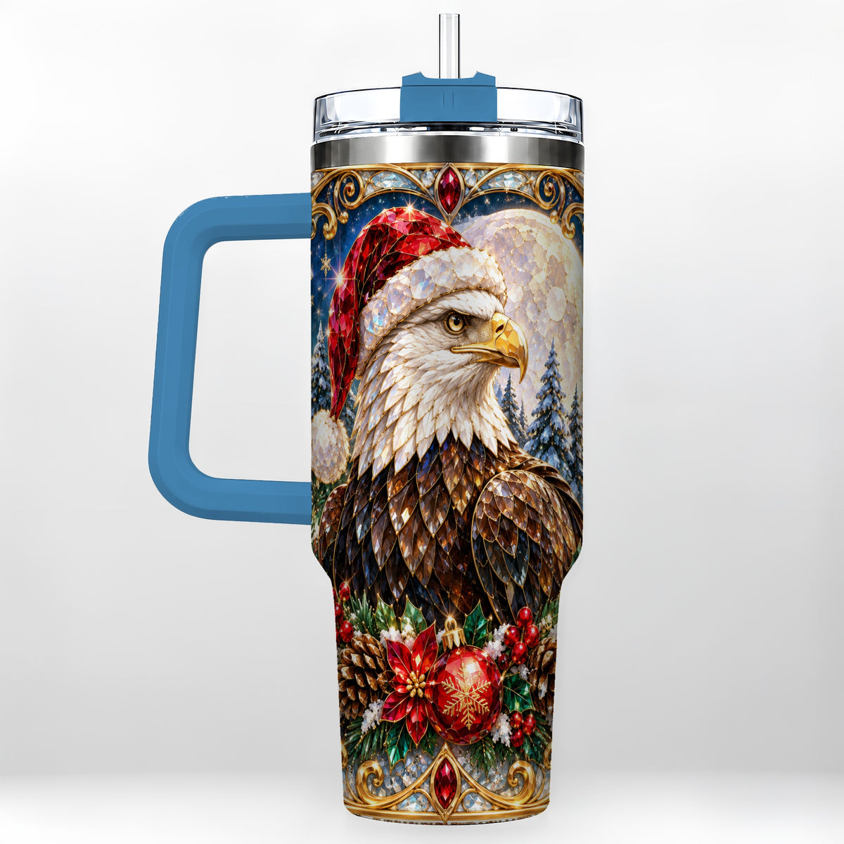 #pl[40oz|Blue] Christmas Eagle 40oz Tumbler with Handle, Winter Stainless Steel Cup