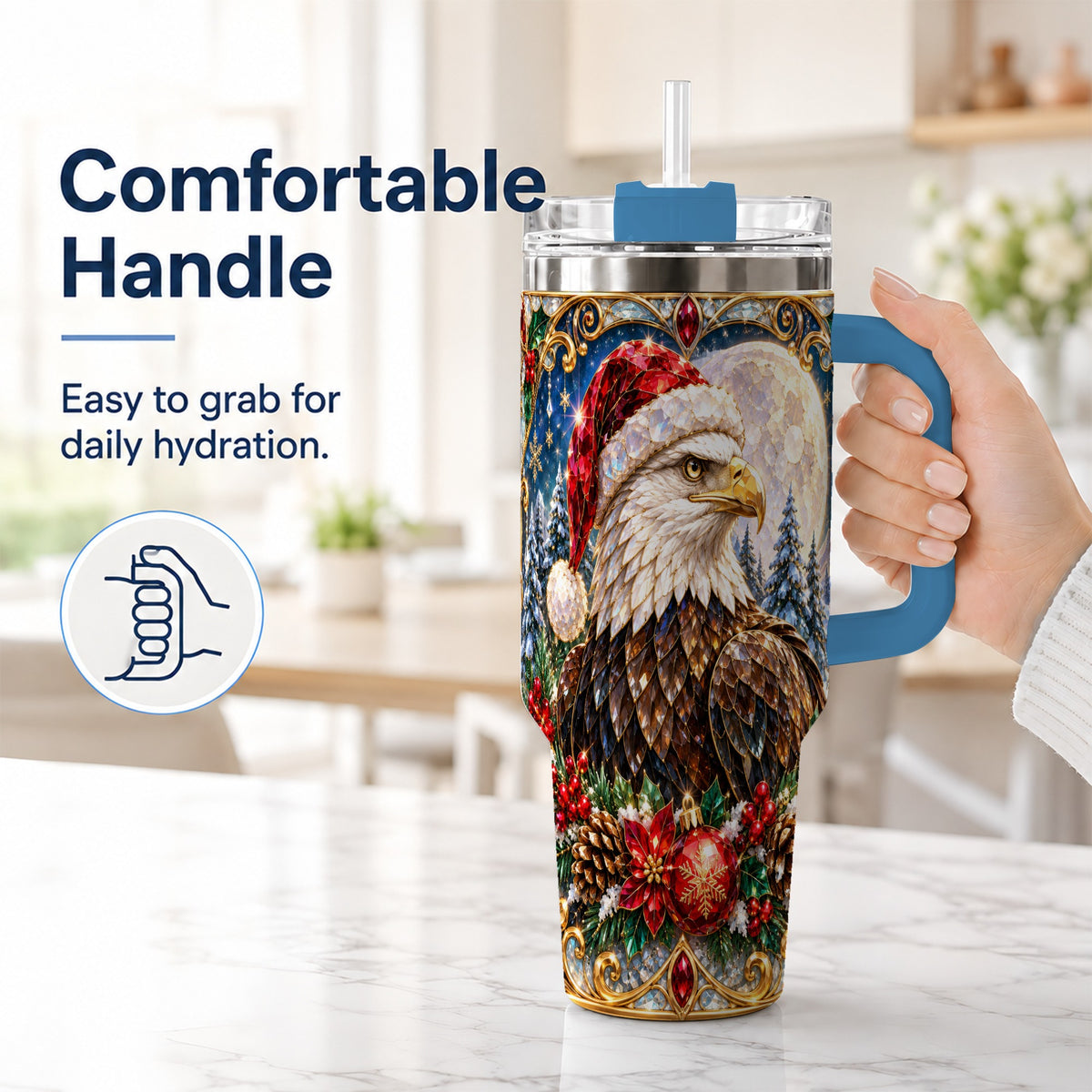 #pl[40oz|Blue] Christmas Eagle 40oz Tumbler with Handle, Winter Stainless Steel Cup