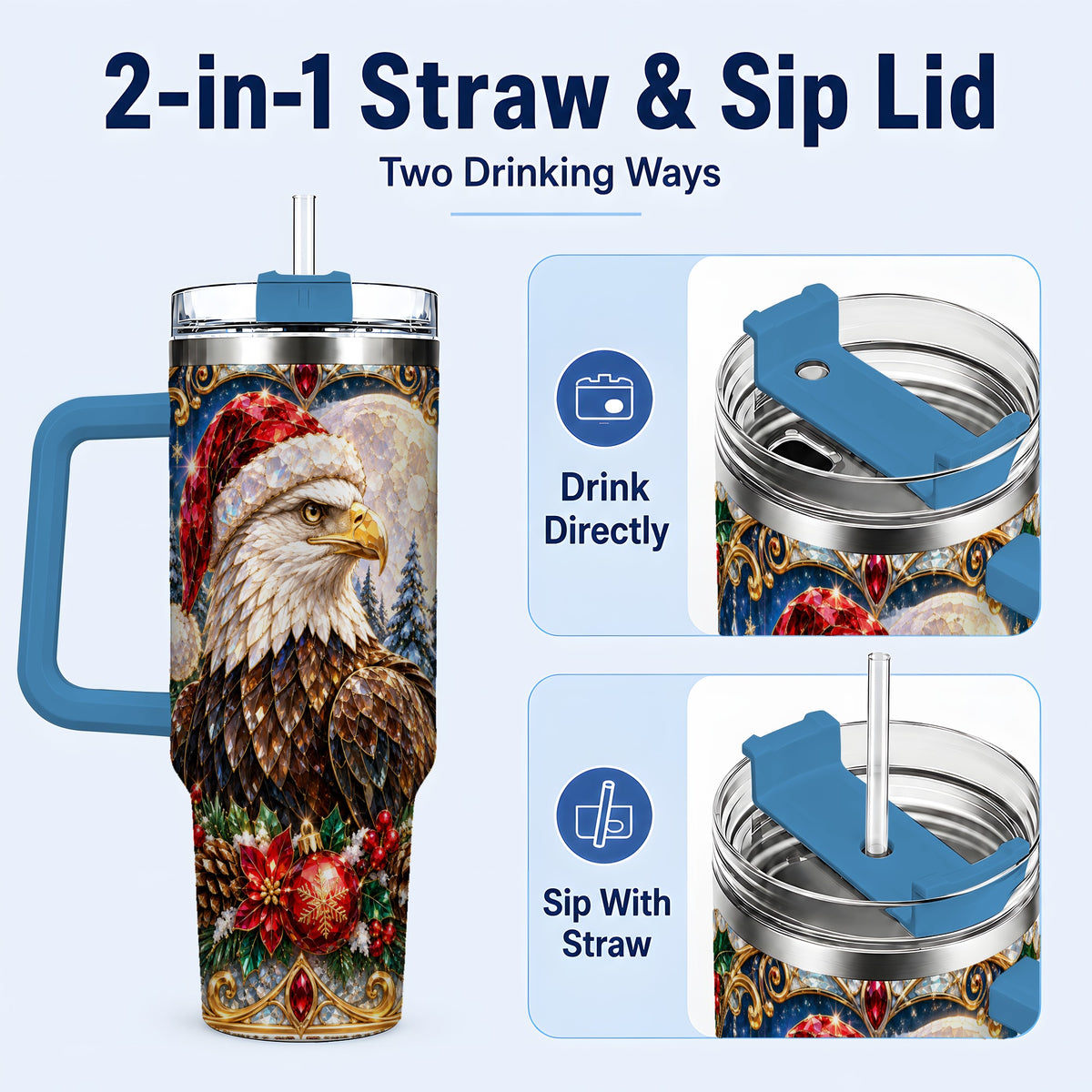 #pl[40oz|Blue] Christmas Eagle 40oz Tumbler with Handle, Winter Stainless Steel Cup