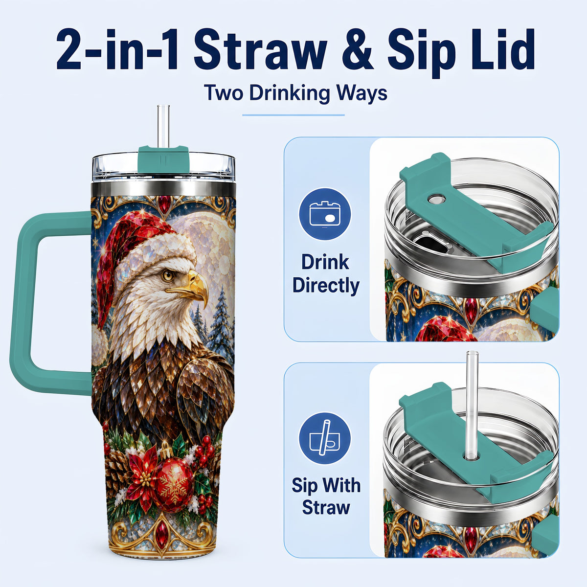 #pl[40oz|Green] Christmas Eagle 40oz Tumbler with Handle, Winter Stainless Steel Cup