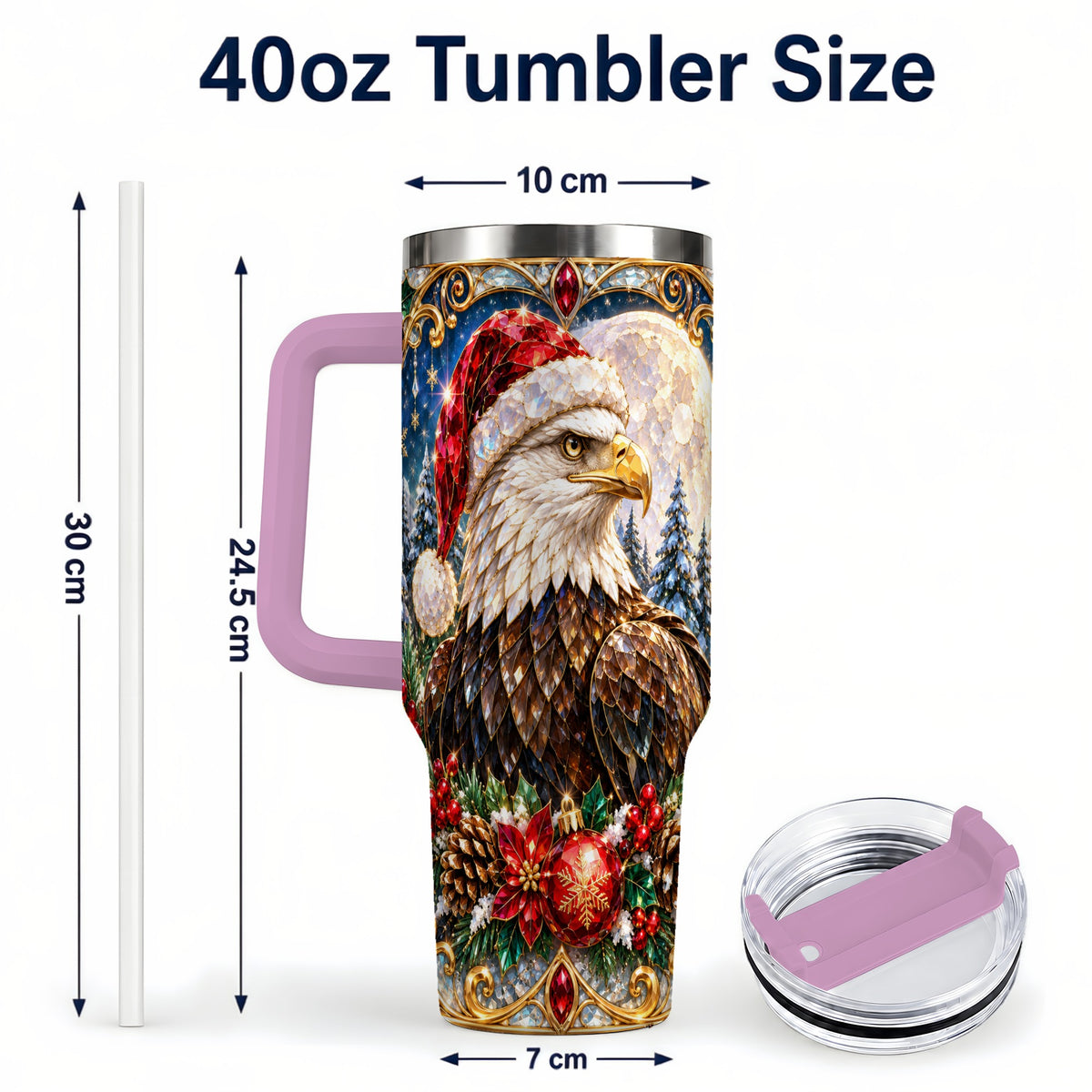 #pl[40oz|Pink] Christmas Eagle 40oz Tumbler with Handle, Winter Stainless Steel Cup