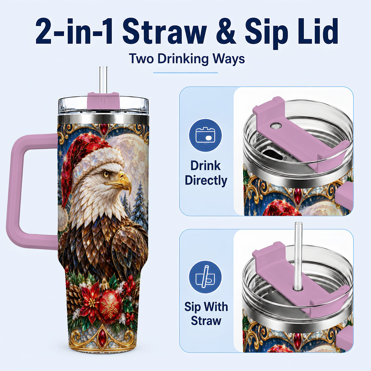 #pl[40oz|Pink] Christmas Eagle 40oz Tumbler with Handle, Winter Stainless Steel Cup