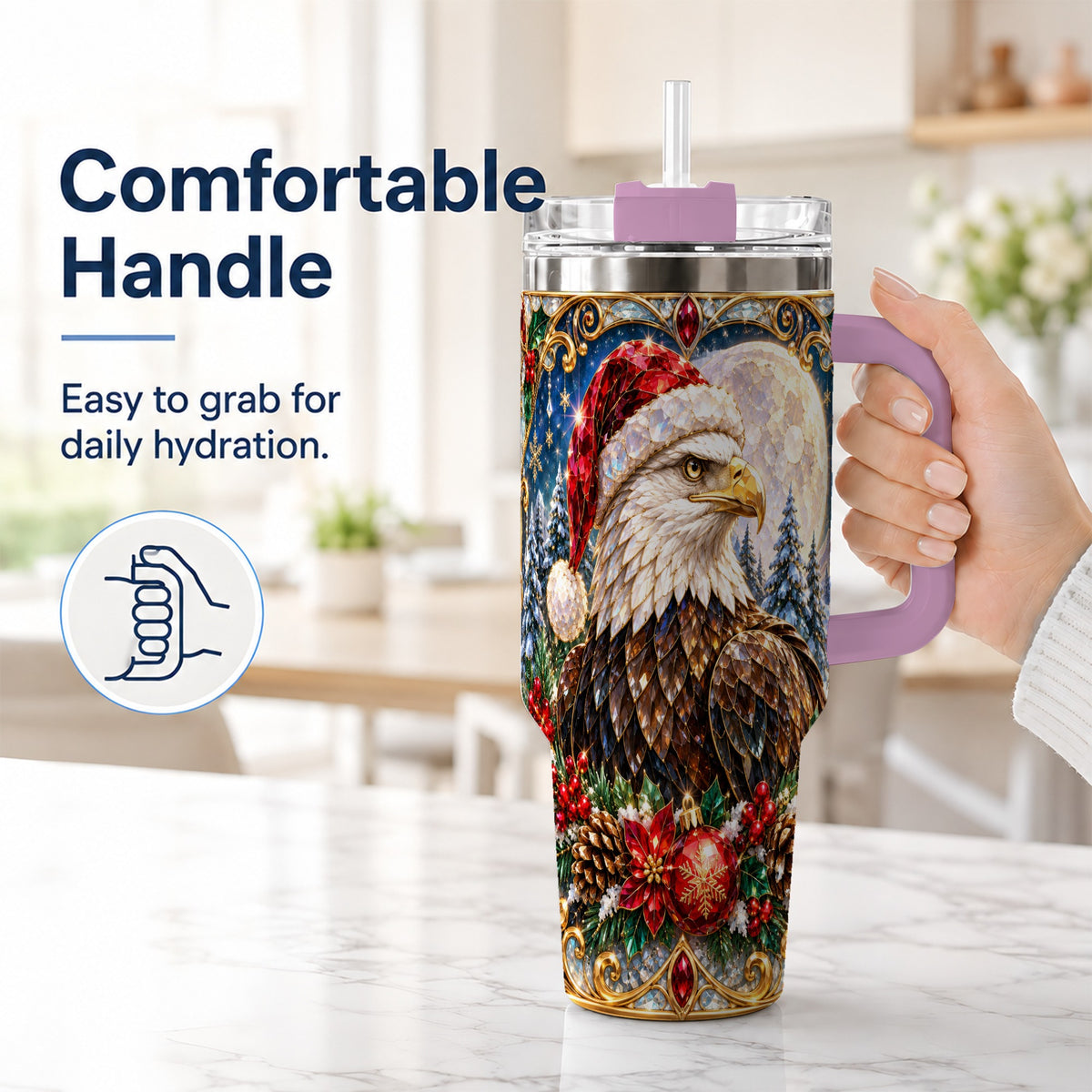 #pl[40oz|Pink] Christmas Eagle 40oz Tumbler with Handle, Winter Stainless Steel Cup