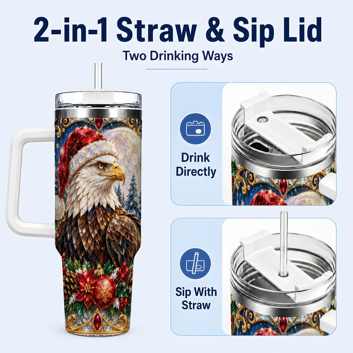 #pl[40oz|White] Christmas Eagle 40oz Tumbler with Handle, Winter Stainless Steel Cup