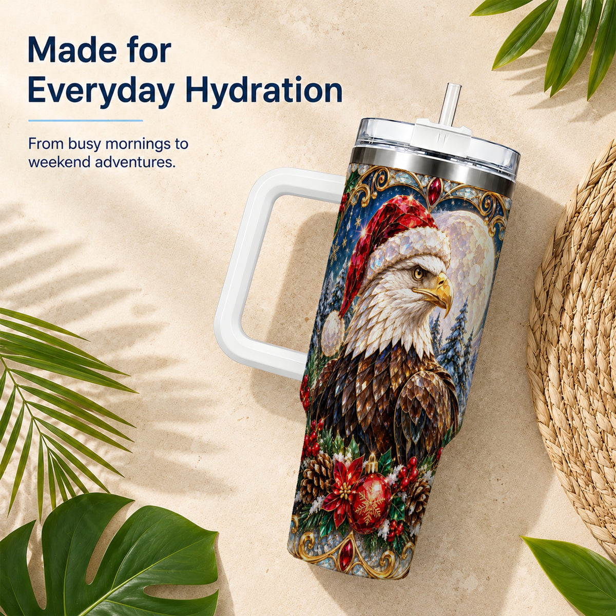 Christmas Eagle 40oz Tumbler with Handle, Winter Stainless Steel Cup