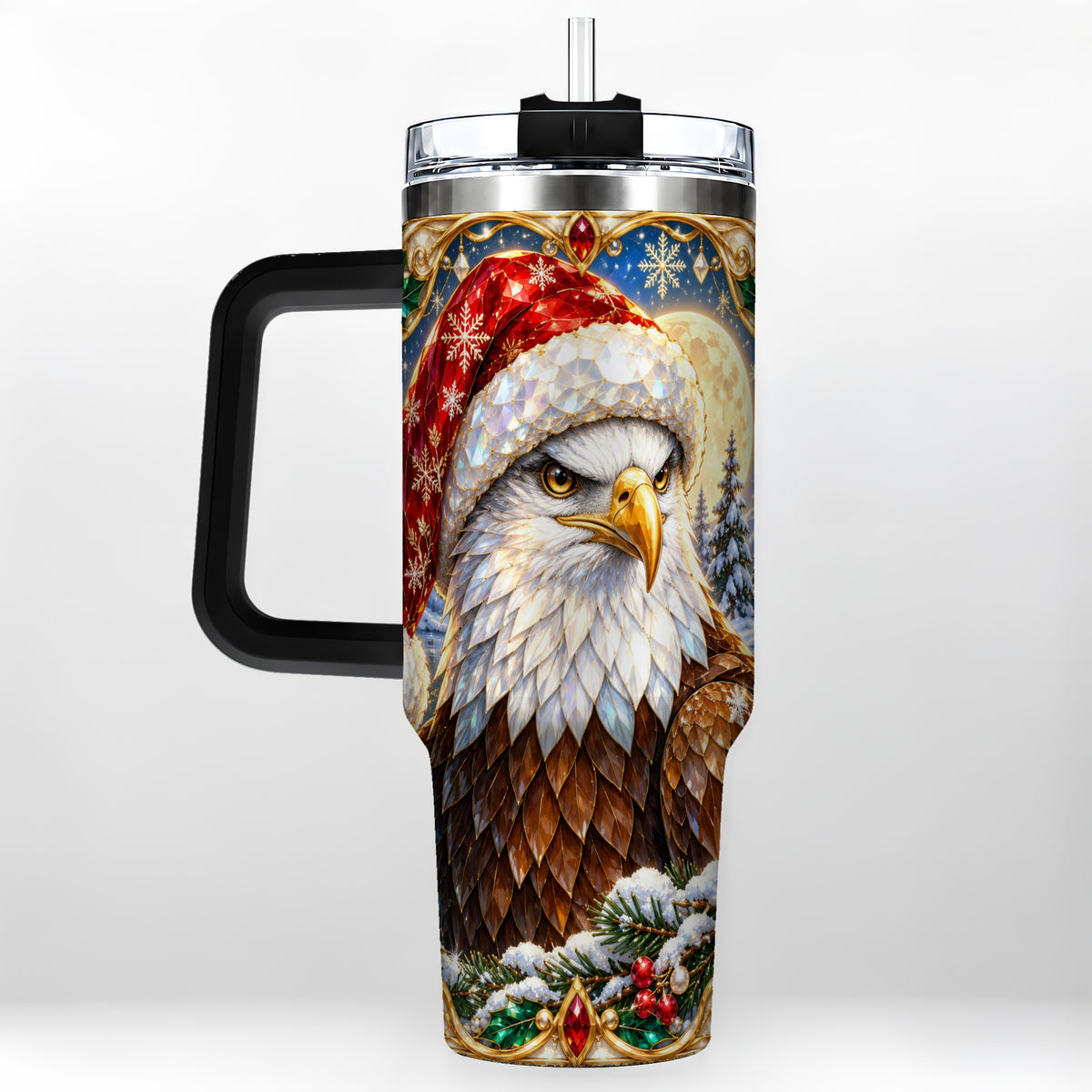 #pl[40oz|Black] Christmas Bald Eagle 40oz Tumbler with Handle, Winter Travel Cup