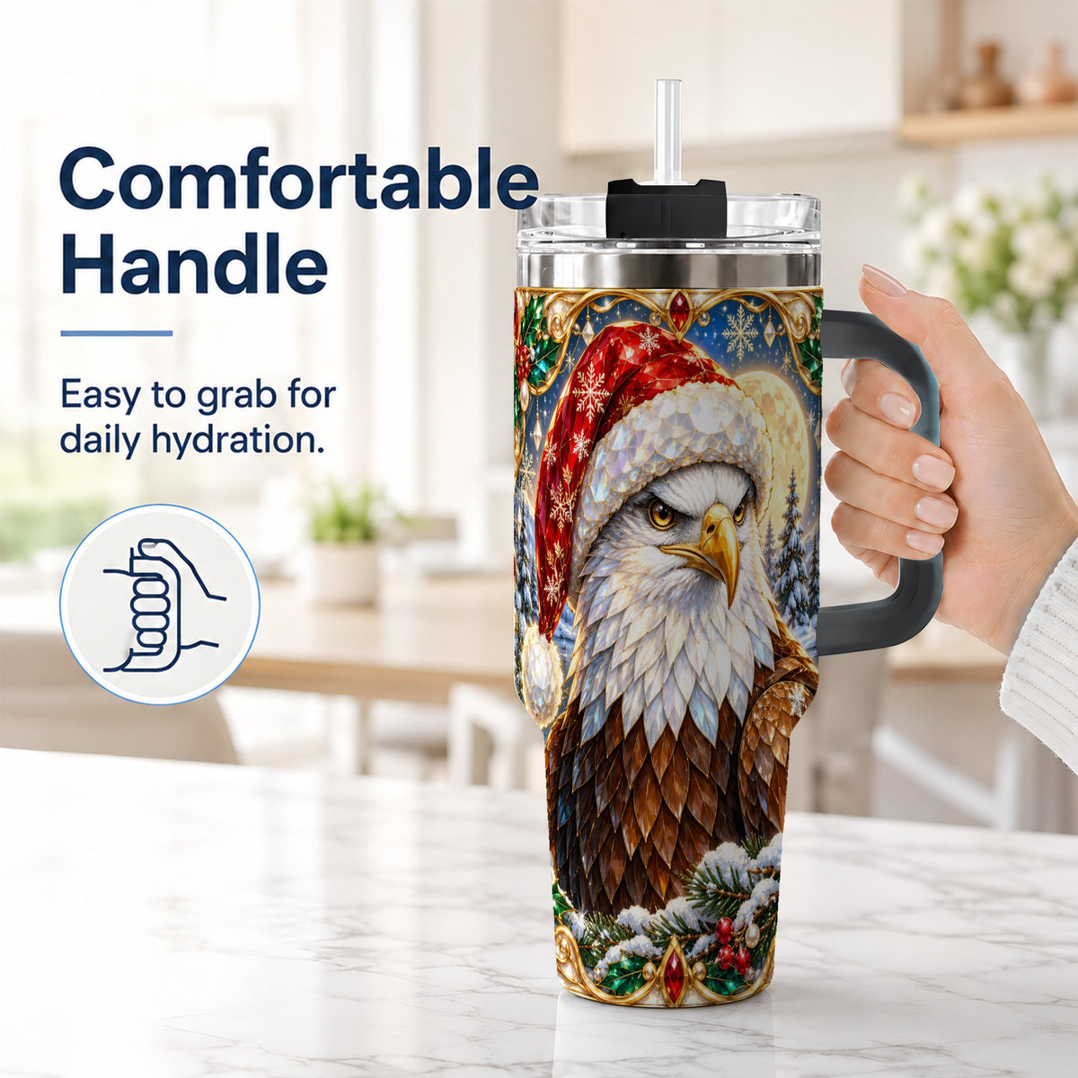 #pl[40oz|Black] Christmas Bald Eagle 40oz Tumbler with Handle, Winter Travel Cup