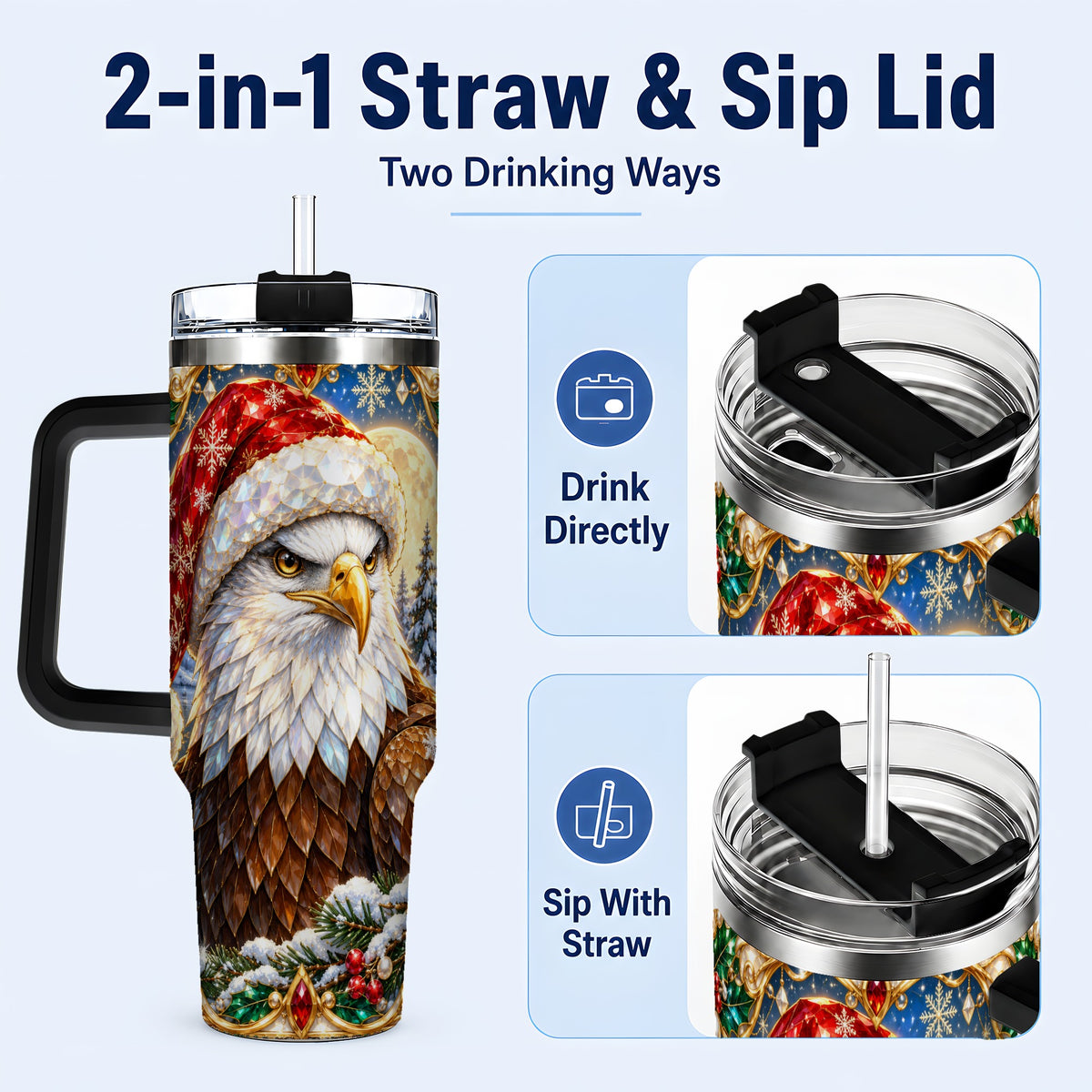 #pl[40oz|Black] Christmas Bald Eagle 40oz Tumbler with Handle, Winter Travel Cup