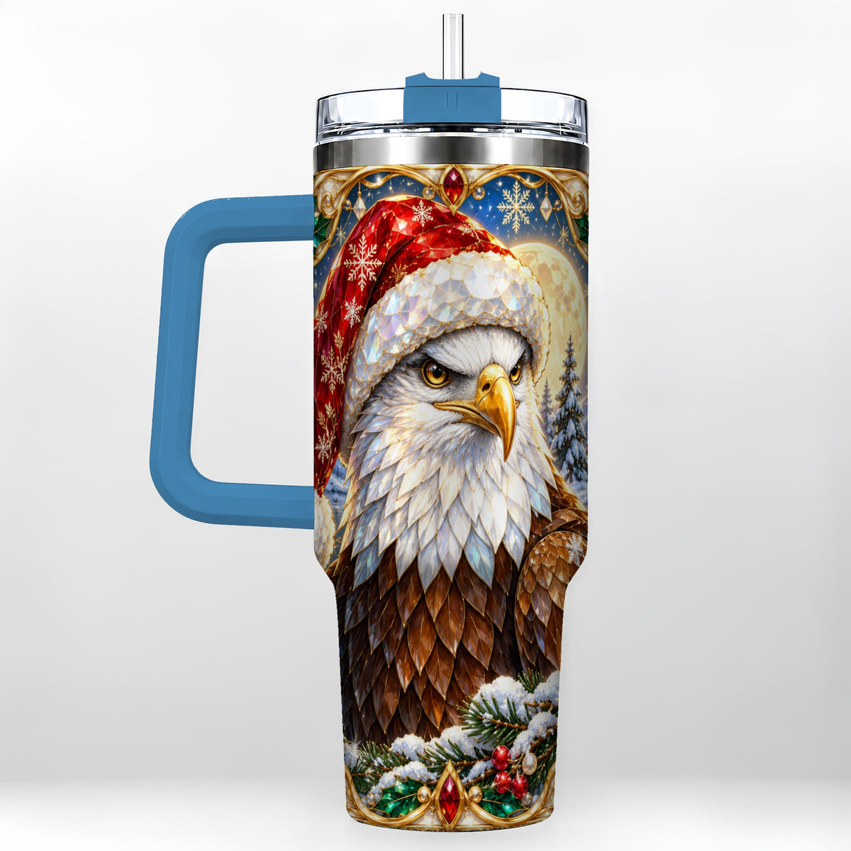 #pl[40oz|Blue] Christmas Bald Eagle 40oz Tumbler with Handle, Winter Travel Cup