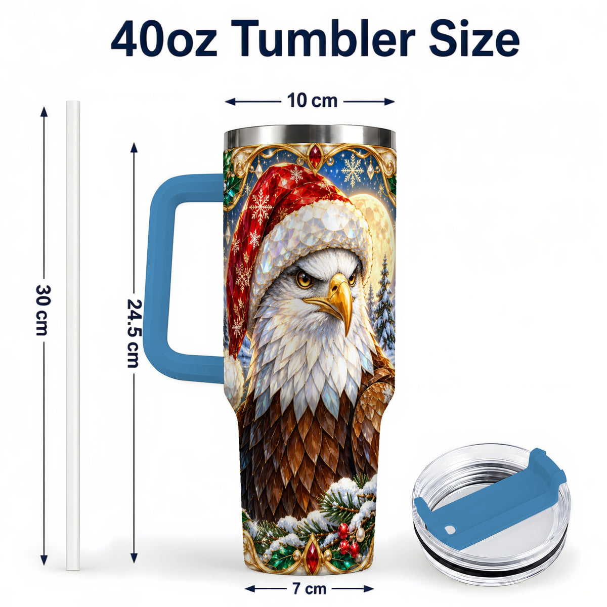 #pl[40oz|Blue] Christmas Bald Eagle 40oz Tumbler with Handle, Winter Travel Cup