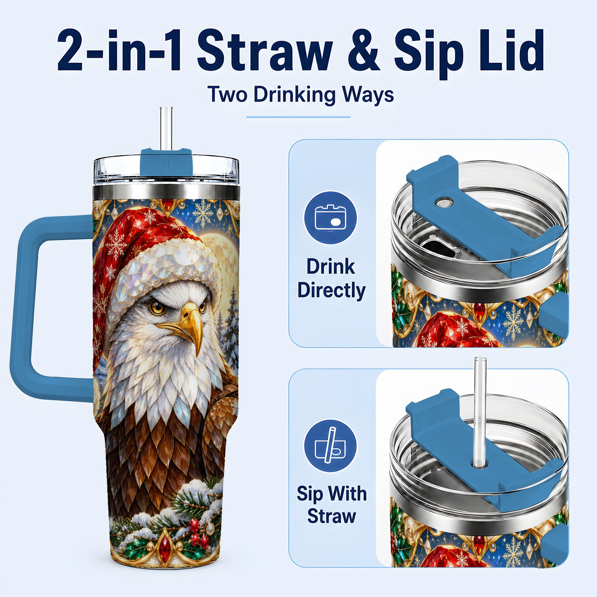 #pl[40oz|Blue] Christmas Bald Eagle 40oz Tumbler with Handle, Winter Travel Cup