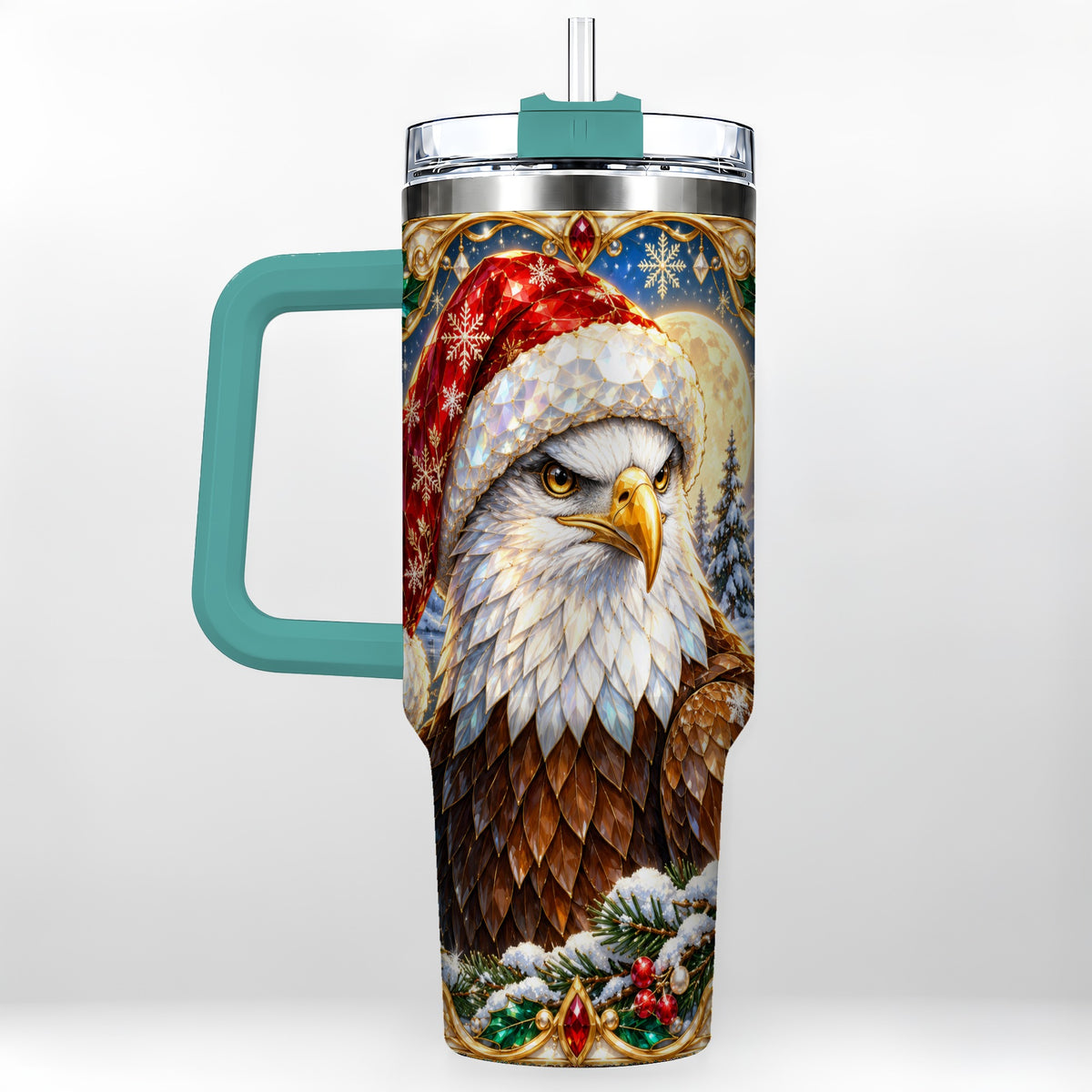 #pl[40oz|Green] Christmas Bald Eagle 40oz Tumbler with Handle, Winter Travel Cup