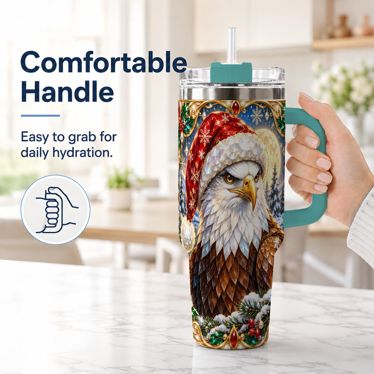 #pl[40oz|Green] Christmas Bald Eagle 40oz Tumbler with Handle, Winter Travel Cup