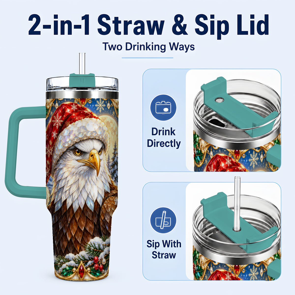 #pl[40oz|Green] Christmas Bald Eagle 40oz Tumbler with Handle, Winter Travel Cup